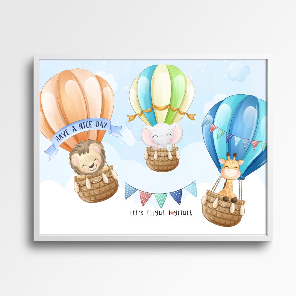 tablou animalute in balon cu aer cald