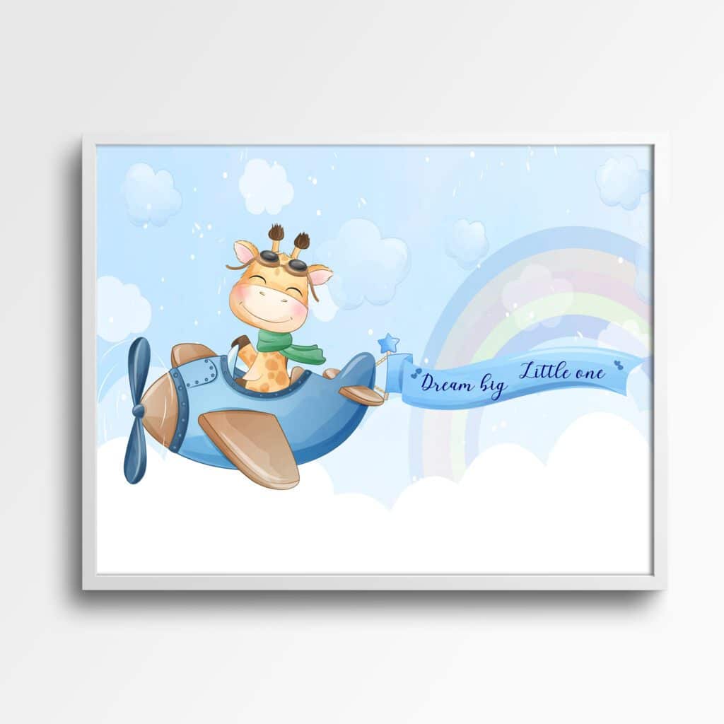 tablou girafa in avion dream big little one