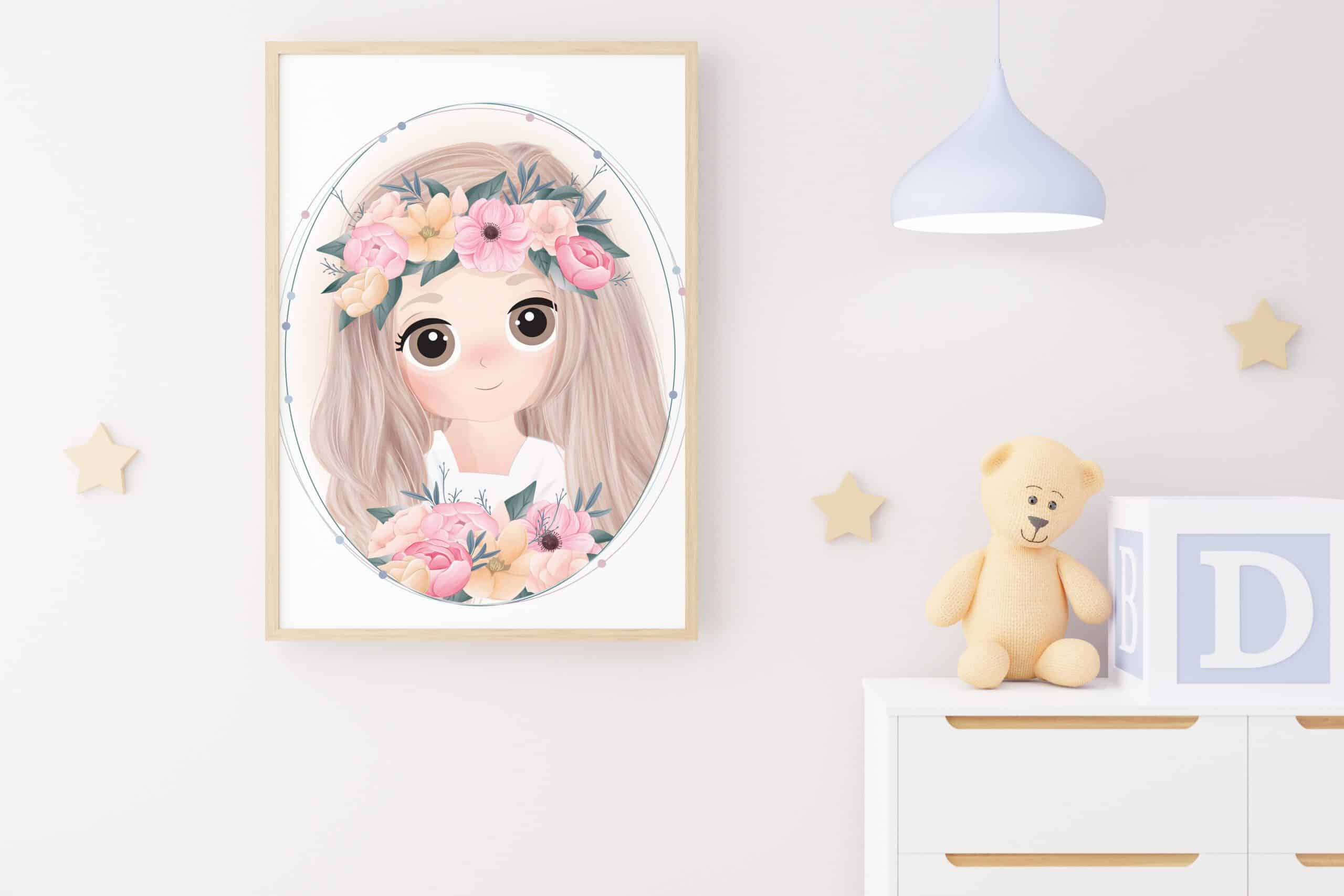 tablou fetiță cu coroniță de flori camera
