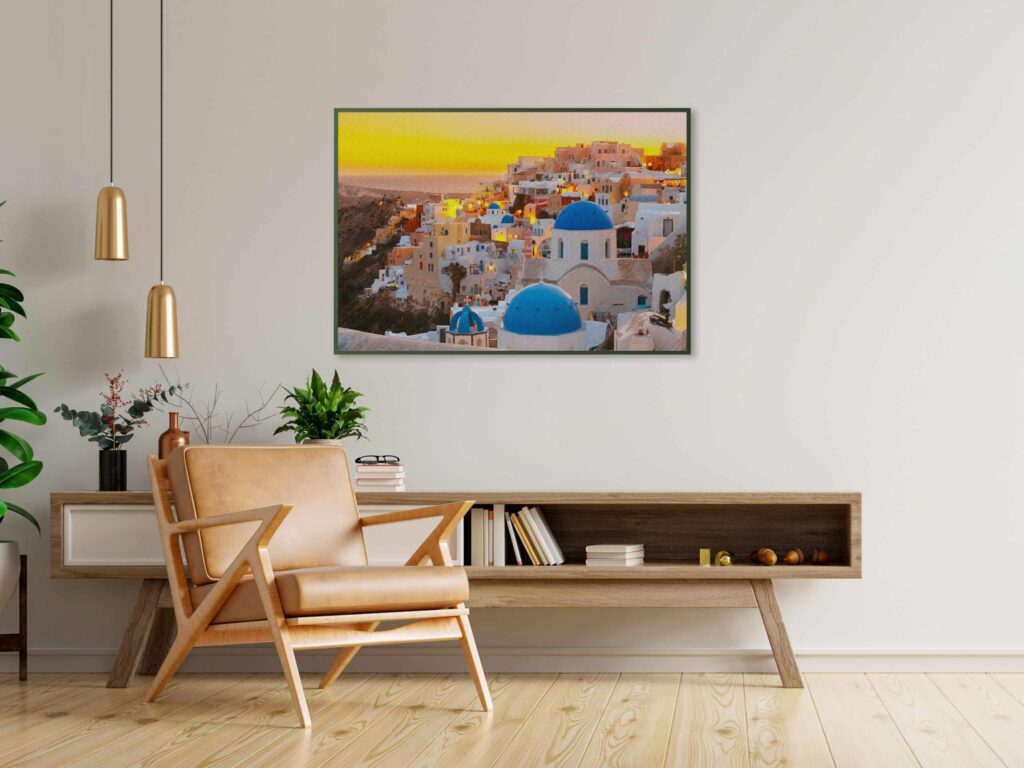 tablou textură canvas apus în santorini camera