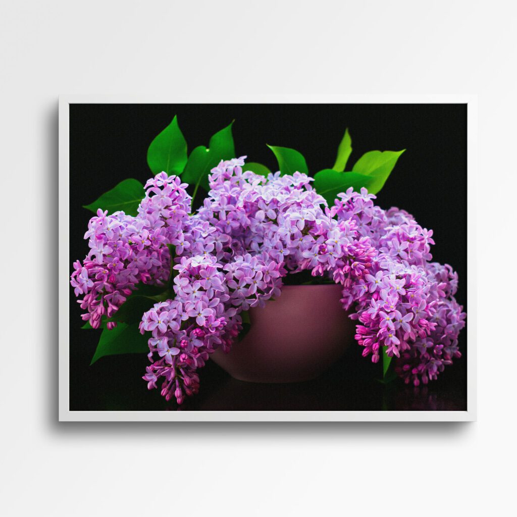 tablou textură canvas flori de liliac în glastră
