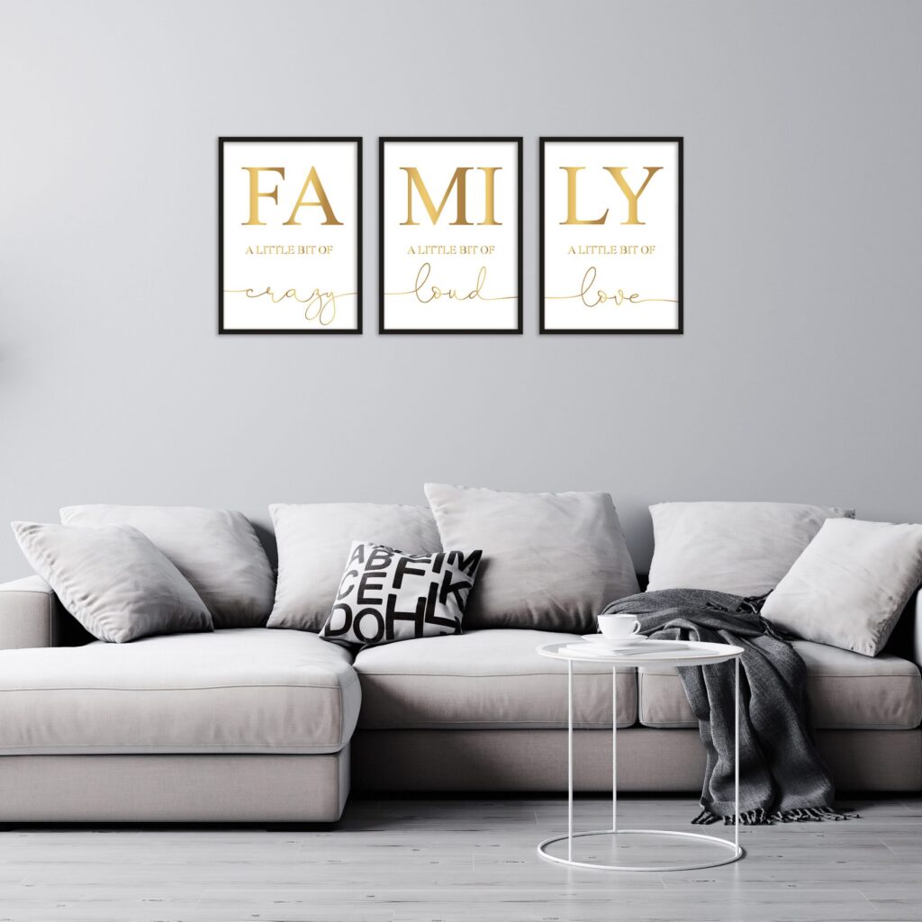 set 3 tablouri minimaliste family auriu
