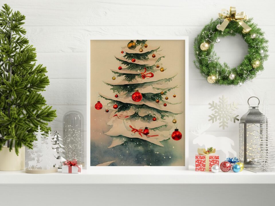 brad împodobit tablou de iarnă tip acuarelă