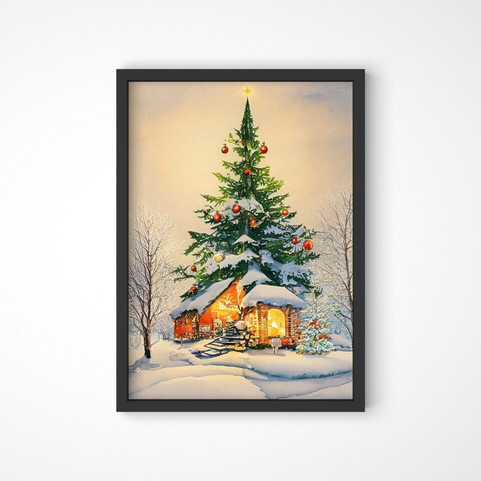 cabană cu brad Împodobit tablou de iarnă tip acuarelă