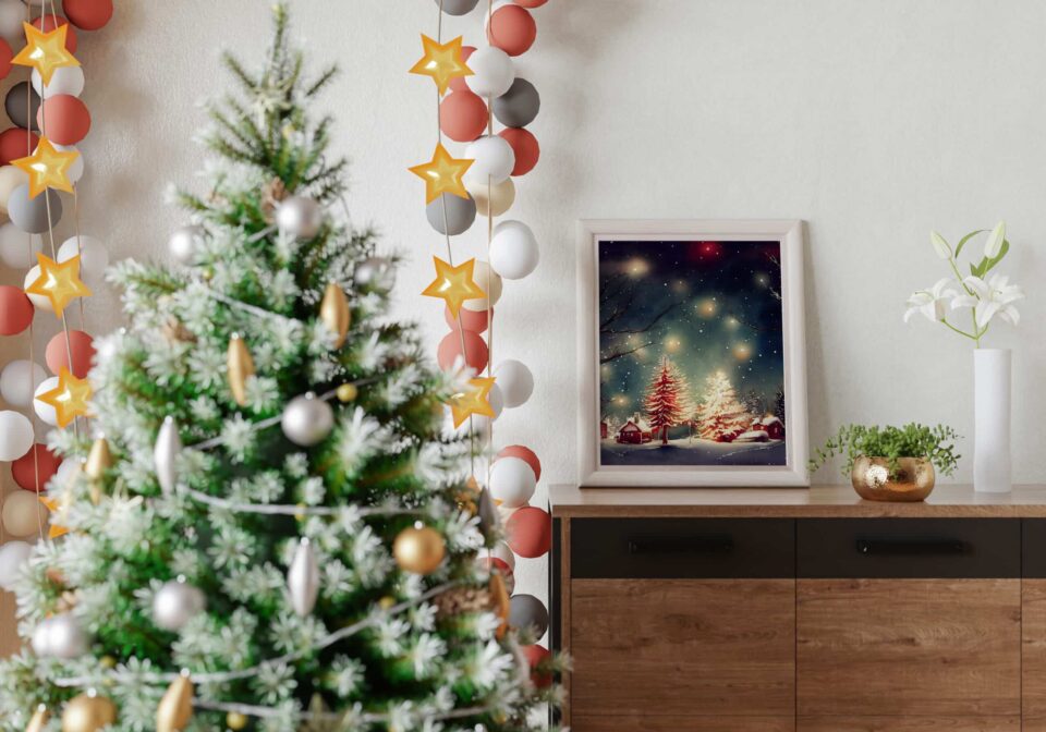 tablou noapte luminata tip acuarela rama alba camera