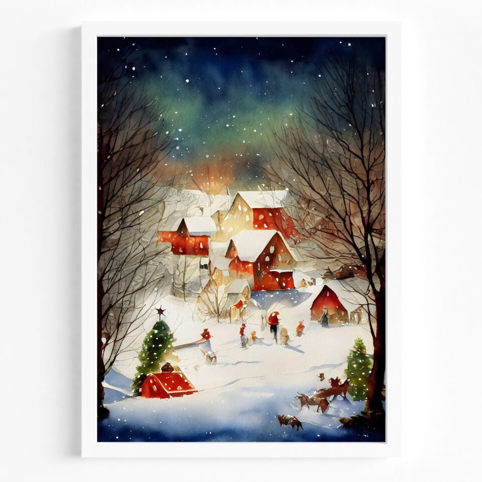 tablou satuc iarna tip acuarela rama alba