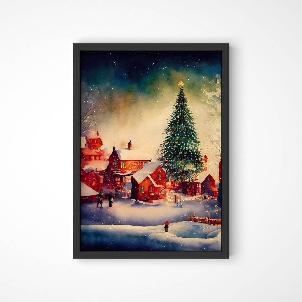 tablou small town christmas tip acuarela rama neagra