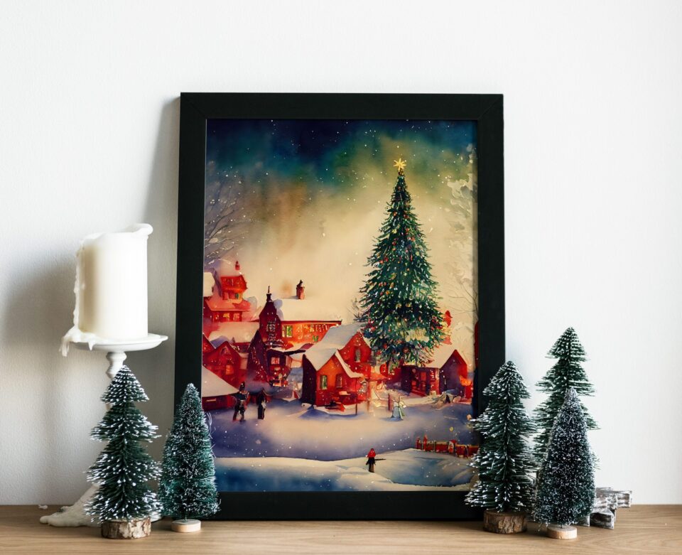 tablou small town christmas tip acuarela rama neagra camera