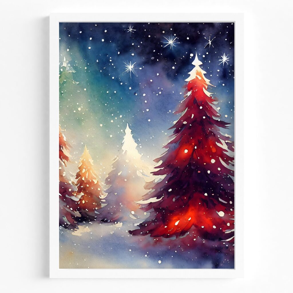 pădure de brazi noaptea tablou de iarnă tip acuarelă