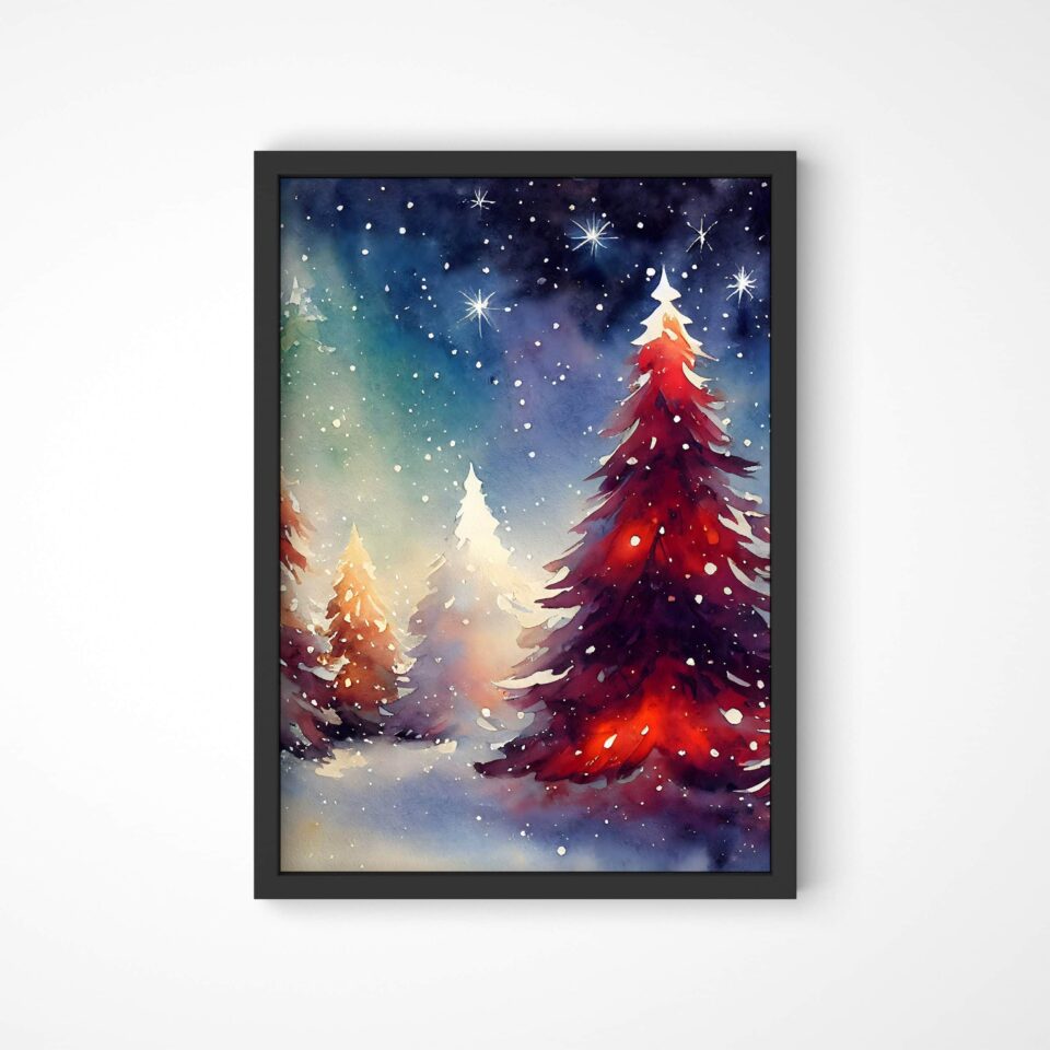pădure de brazi noaptea tablou de iarnă tip acuarelă