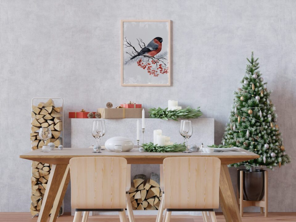 tablou de iarna pasare rama alba camera