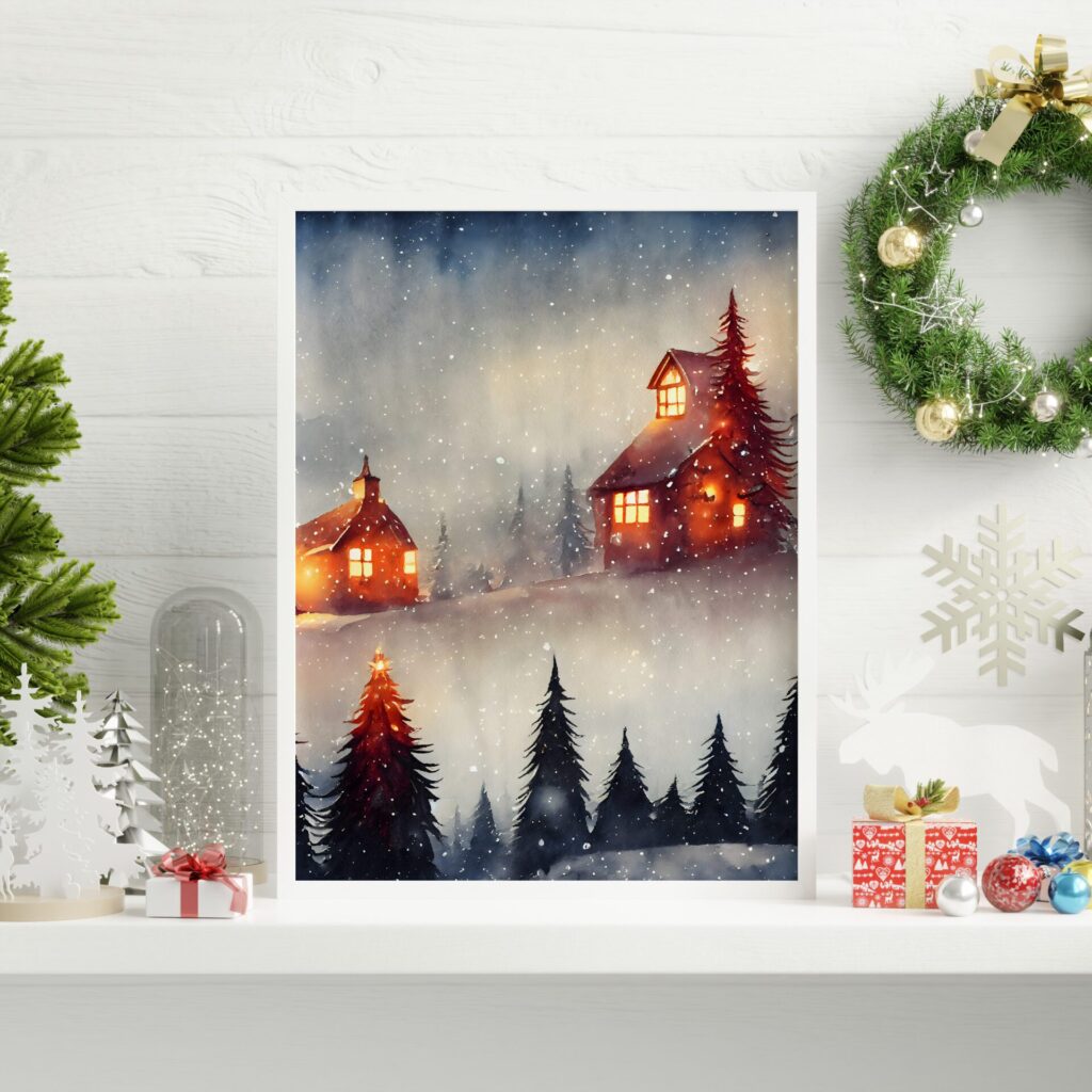 tablouri craciun winter cabin rama alba polita
