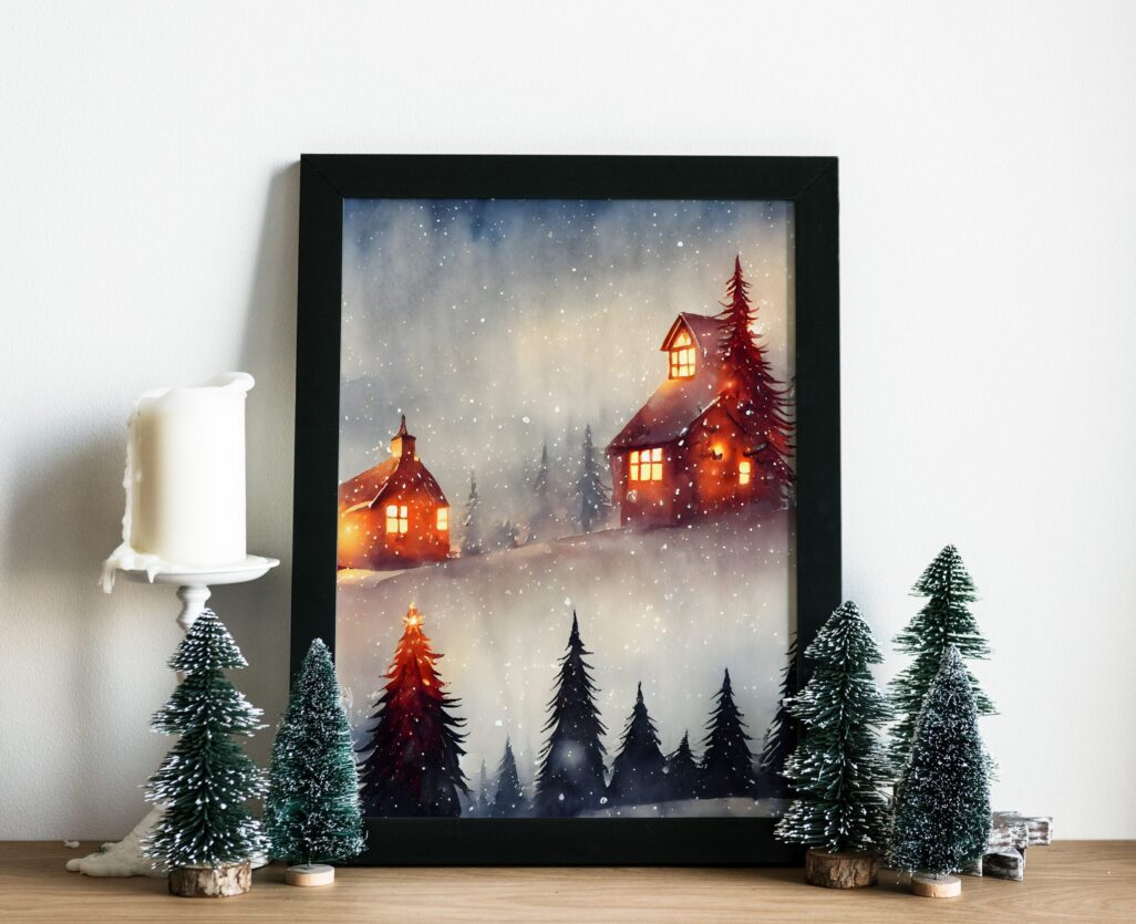 tablouri craciun winter cabin rama neagra camera