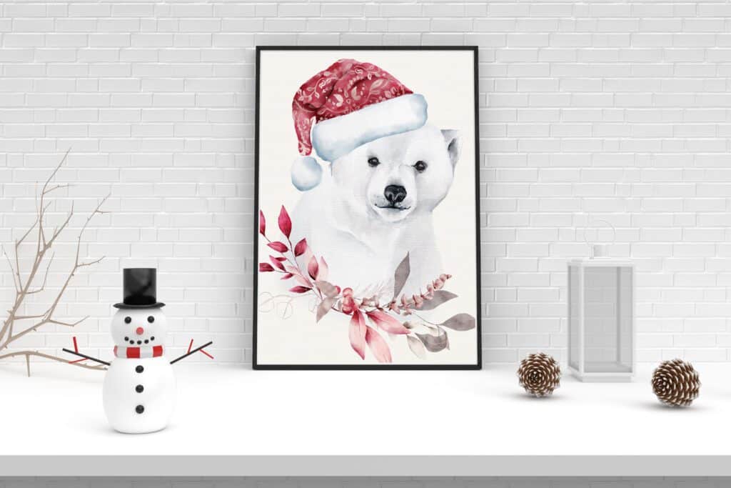 pui de urs polar tablou de iarnă acuarelă
