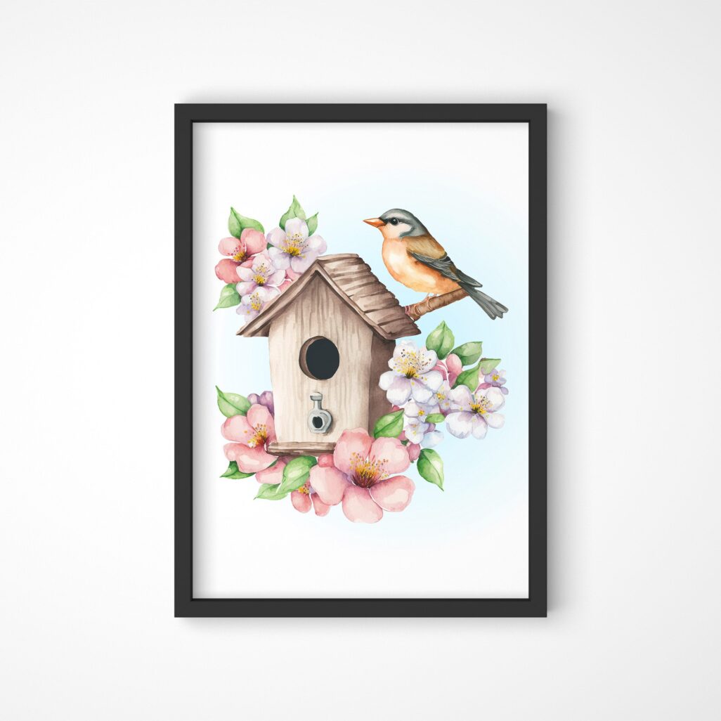căsuță păsărele și flori de cireș tablou de primăvară (copiază)