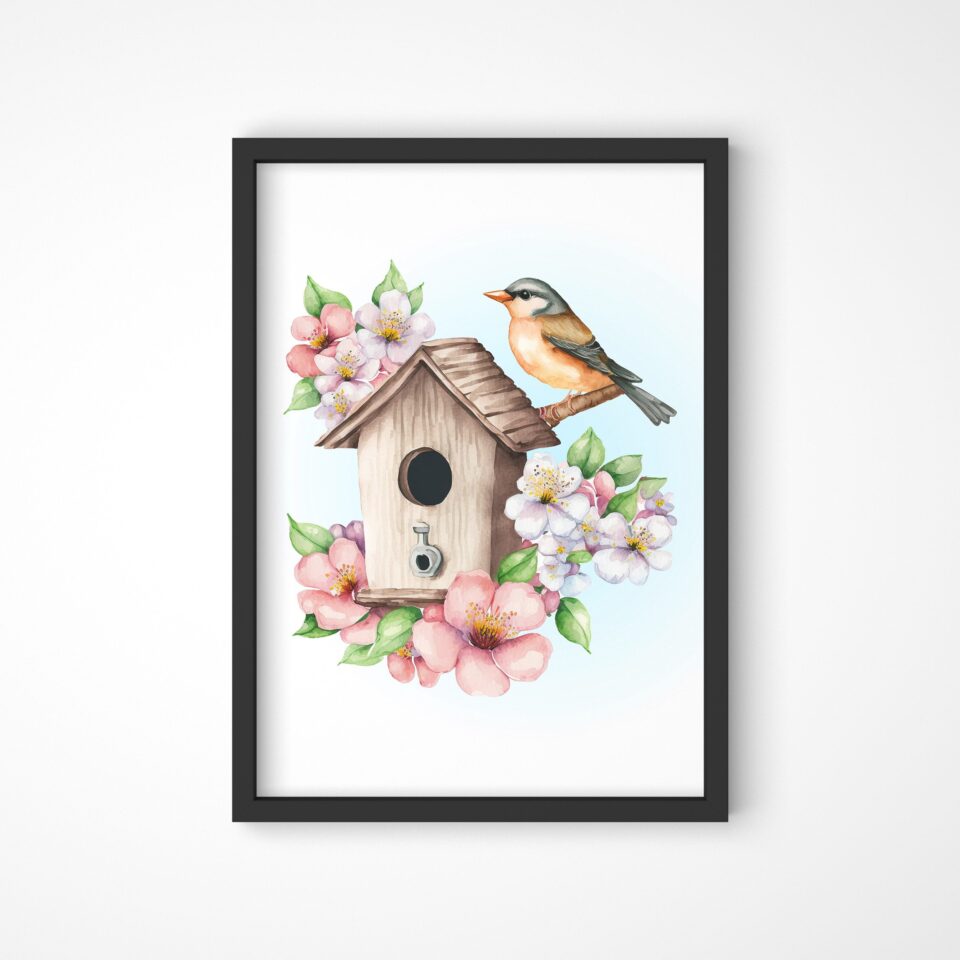 căsuță păsărele și flori de cireș tablou de primăvară (copiază)