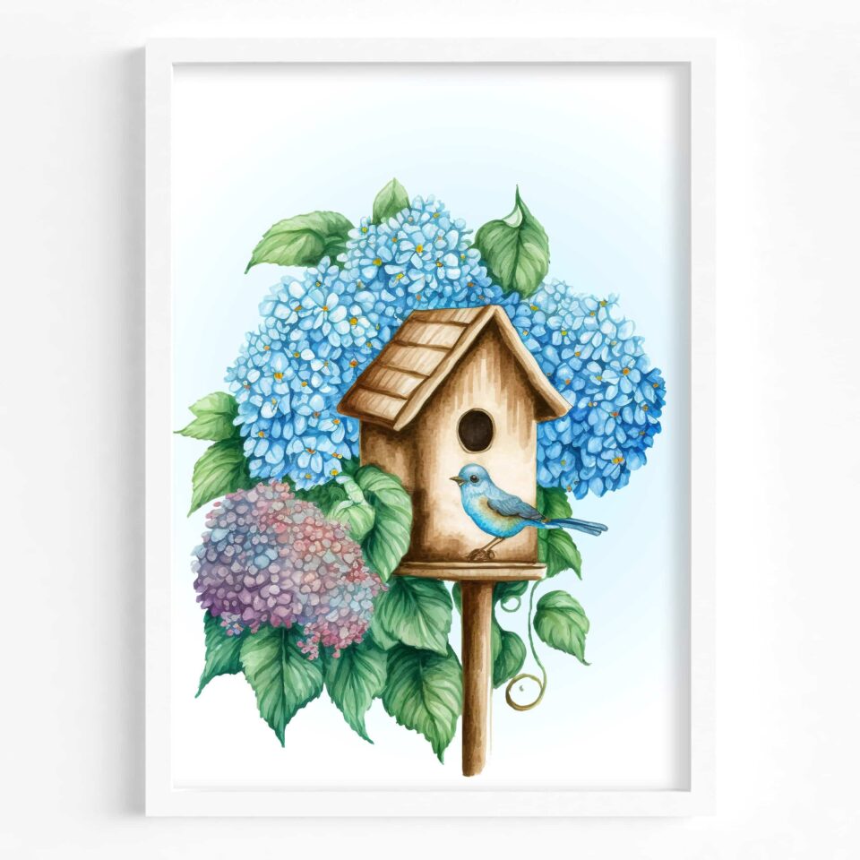 hortensie și căsuță de păsărele tablou de primăvară