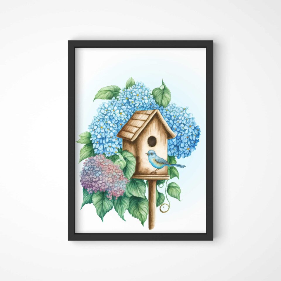 hortensie și căsuță de păsărele tablou de primăvară