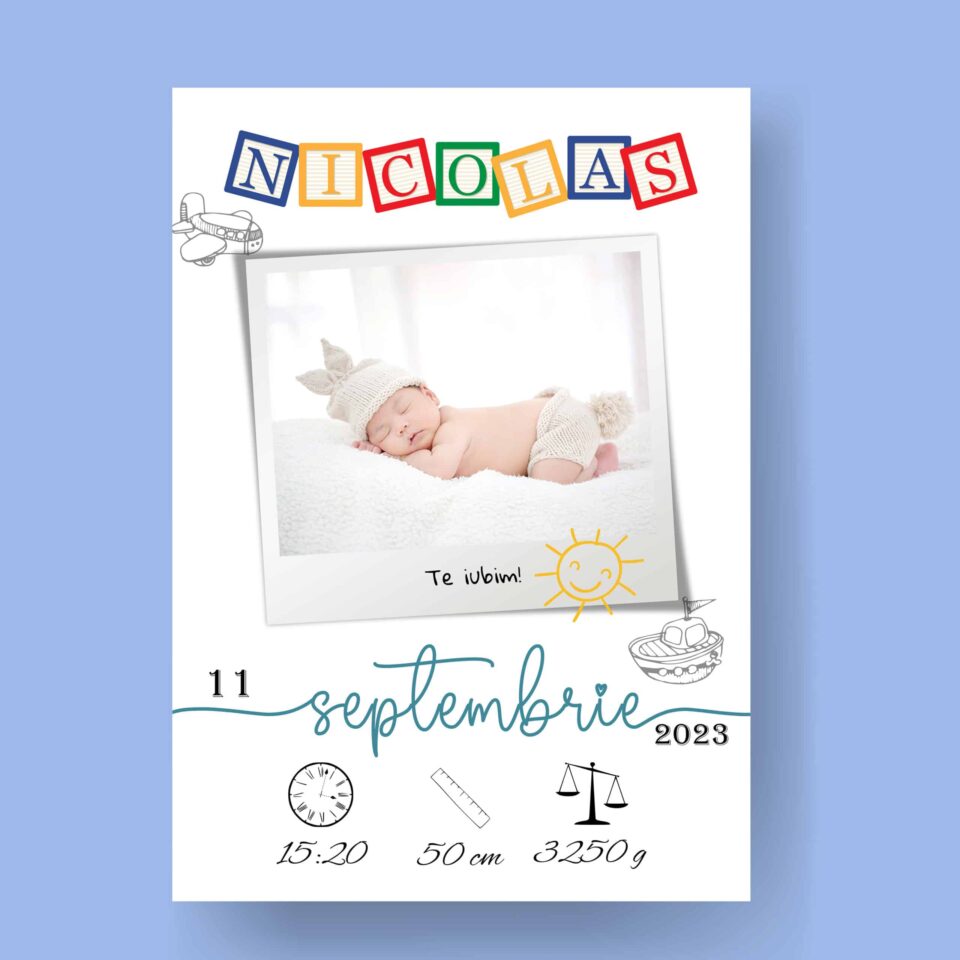 Nicolas - Tablou Personalizabil cu Poză Nou-Născut în format electronic - imagine 2