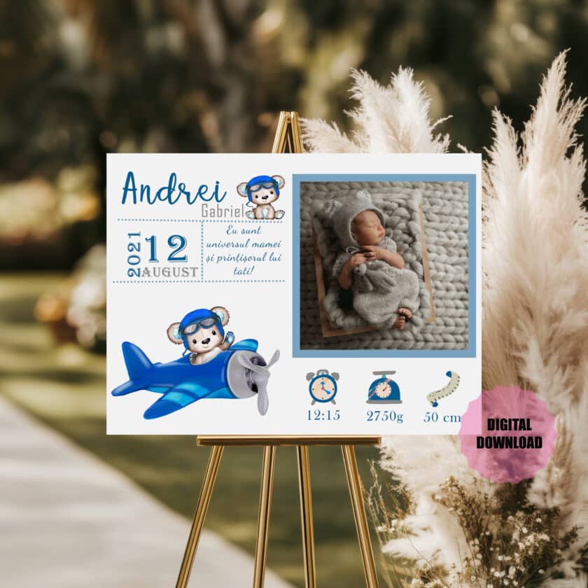 Tablou aniversar bebeluș cu detalii naștere și poză