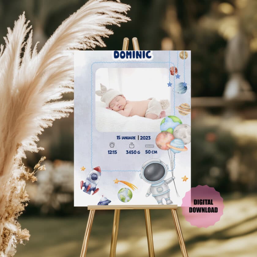 Poster naștere bebeluș cu tematică spațială