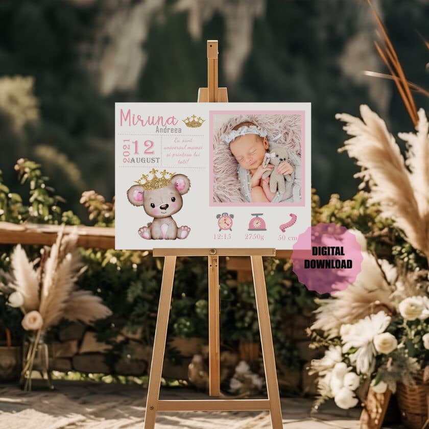 Panou aniversar bebeluș cu fotografie și detalii naștere