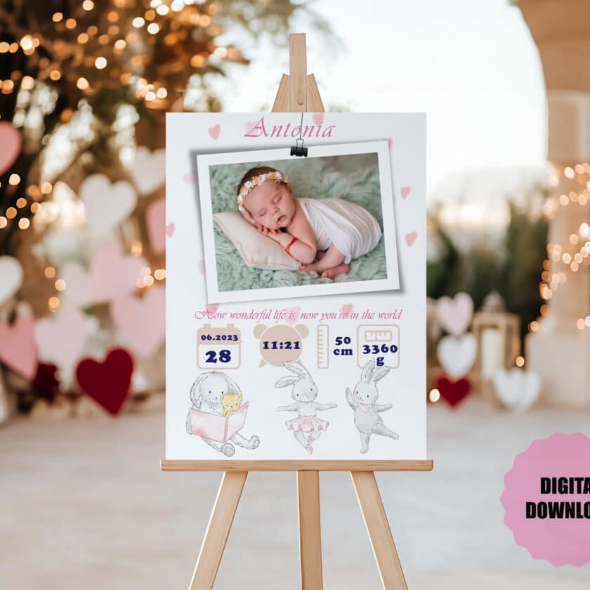 Poster aniversar bebeluș pe șevalet cu detalii naștere