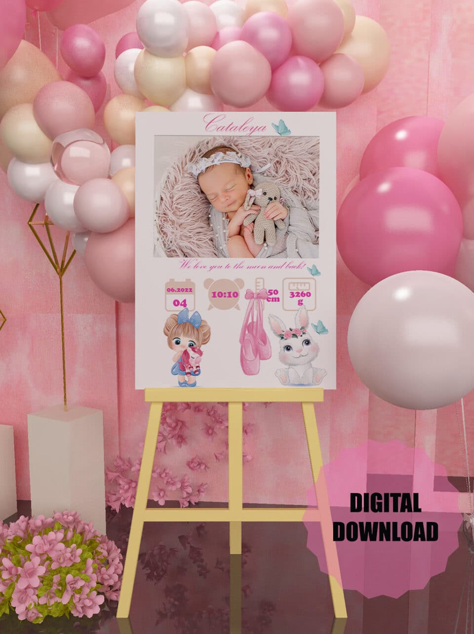 Poster aniversar bebeluș cu baloane roz