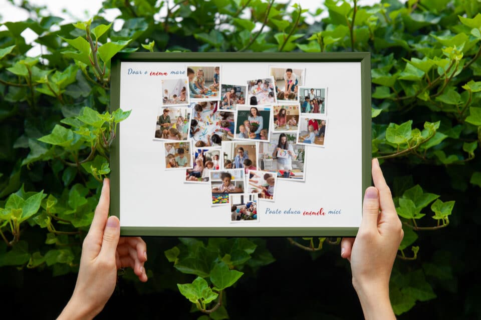 Colaj foto în formă de inimă cu educatori și copii
